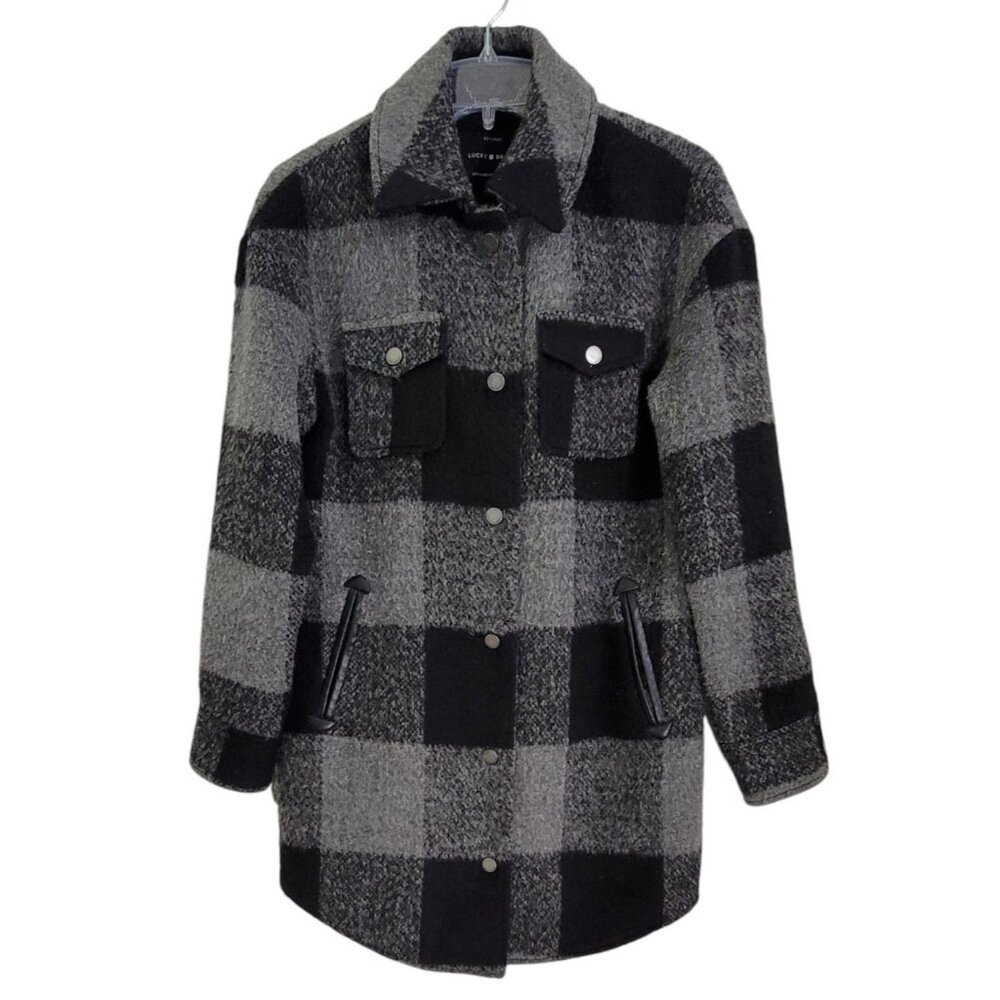 Lucky Brand Womens Gray Checked Coat Snap Button‎ Front Long Sleeve Size XS